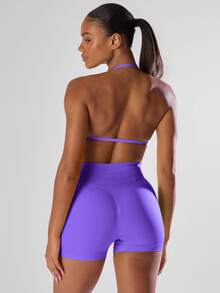 Musera Sport Áo bra thể thao cổ yếm hở lưng, xếp ly, chắc chắn, thích hợp cho các hoạt động thể thao như tập gym, chạy bộ, câu lạc bộ, padel, tennis, pickleball, yoga, pilates, thể dục hàng ngày. - Màu tím - Xem 2