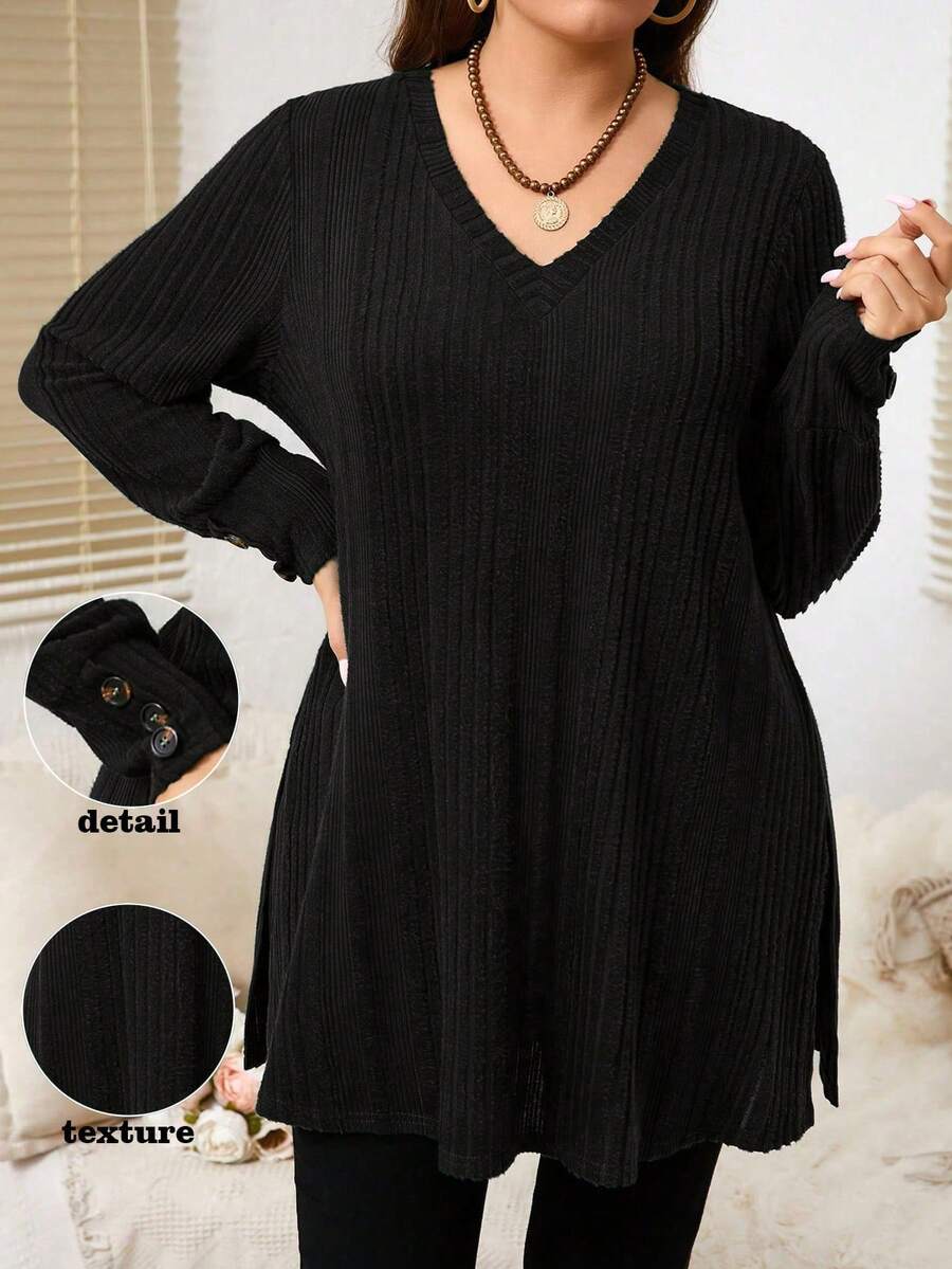 EMERY ROSE Plus Size Casual Solid Color Side Slit Long Sleeve T-Shirt, Versatile For Autumn Fall - Black - View 1
