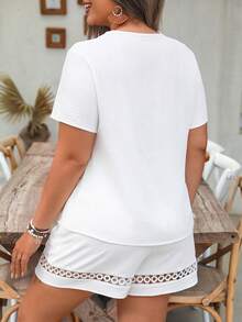 Linhara Plus Size Women Solid Color V-Neck Ruffle Trim Casual Daily Elegant Summer Short Sleeve Set - White - View 2