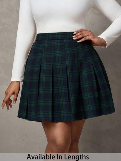 SHEIN Tall CURVE 大码复古格子褶皱 A 字裙