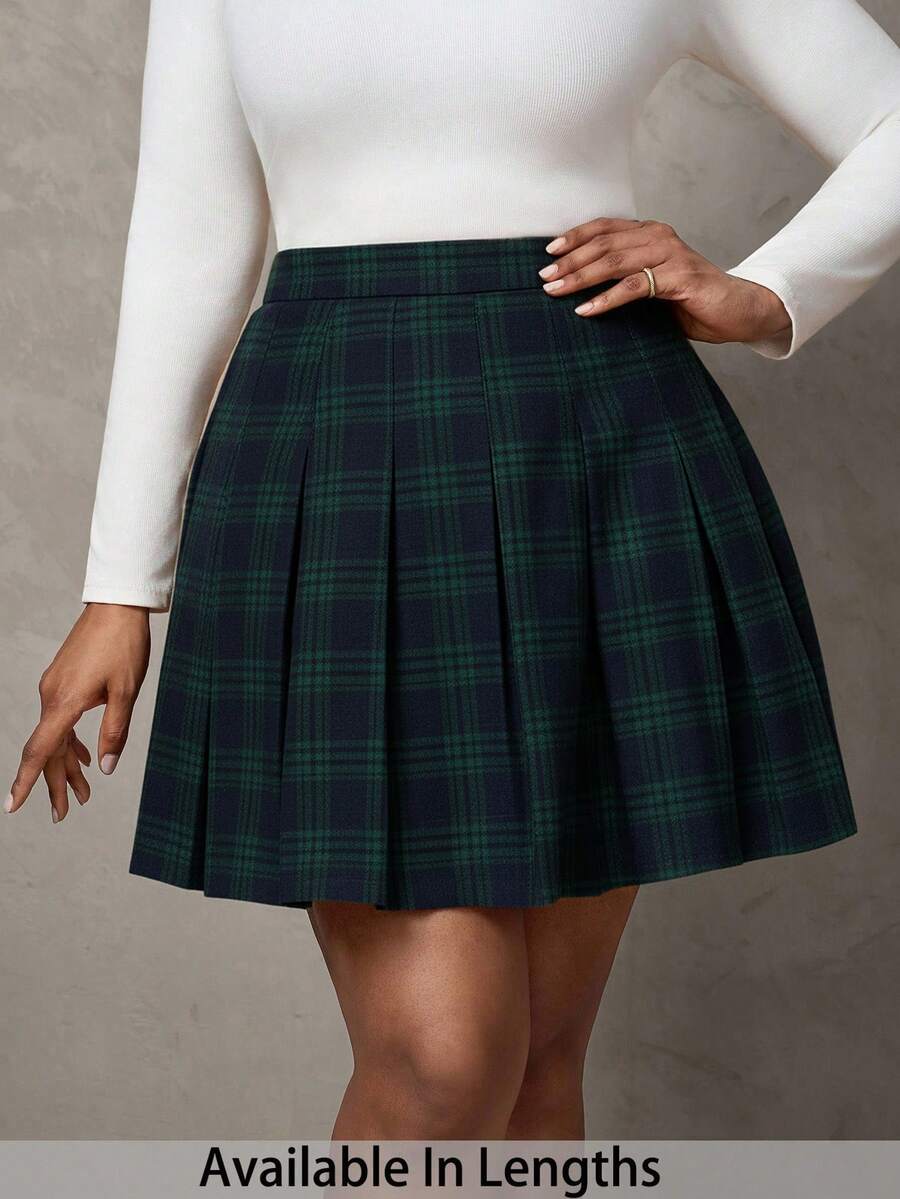 SHEIN Tall CURVE Plus Size Vintage Plaid Pleated A-Line Skirt/Winter - Green - View 1