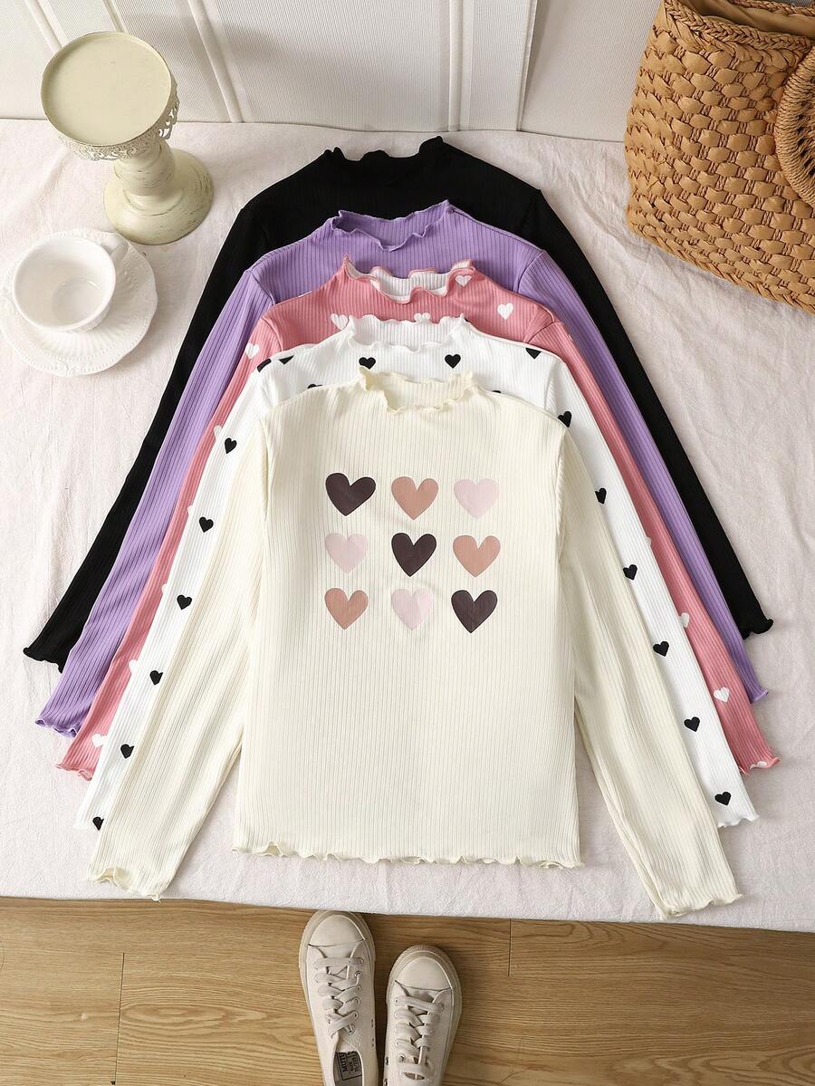 SHEIN LMoss Kids 少女休闲基础款纯色针织弹力长袖打底衫上衣多件装,非常适合秋冬季休闲日常穿着及上学穿着,必备百搭单品 - 彩色 - 查看 1