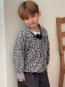 Dazy Kids 幼儿男童宽松豹纹领运动衫，休闲秋季 - 灰色 - 查看 2