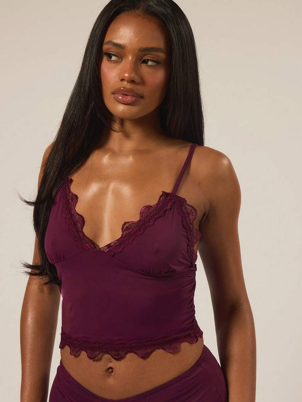 Burgundy Lace Trim Adjustable Strap Cami Top And Fitted Boxer Boyshorts Multipack Set