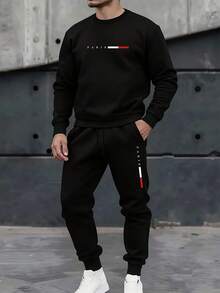 Manfinity Homme 男士经典红白黑条纹巴黎风圆领上衣和束口运动裤套装，百搭休闲时尚黑色圆领卫衣和运动裤两件套，休闲时尚套装，适合冬季，带保暖内衬 - 黑色 - 查看 6