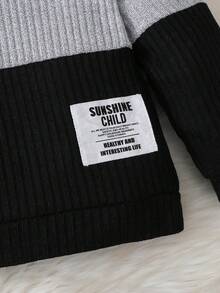 SHEIN 2 件套年轻男孩字母印花撞色长袖罗纹 T 恤和裤子，休闲装 - 黑與白 - 查看 6