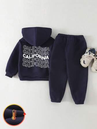 THE HAPPY LOOK 2pcs/Set Boys' Letter Graphic Soft Knit Hoodie Sweatshirt And Elastic Waist Pants Set