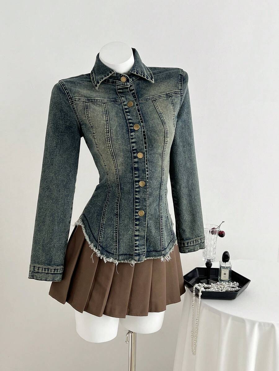 Elamini Women's Vintage Style Waist Cinched Long Sleeve Denim Blouse Jean Shirt Denim Tops For Women Vintage Clothes Fashion Clothes European Style Clothes - Blue - View 1