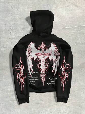 Goth Sweat-shirt-shirt à capuche zippé à manches longues avec imprimé croix aléatoire pour homme, pour l'hiver