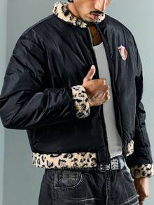 ROMWE MEN Street Life Men's Fashionable Warm Zip-Up Spider Leopard Print Patchwork Long Sleeve Padded Coat, Winter - Black - View 4