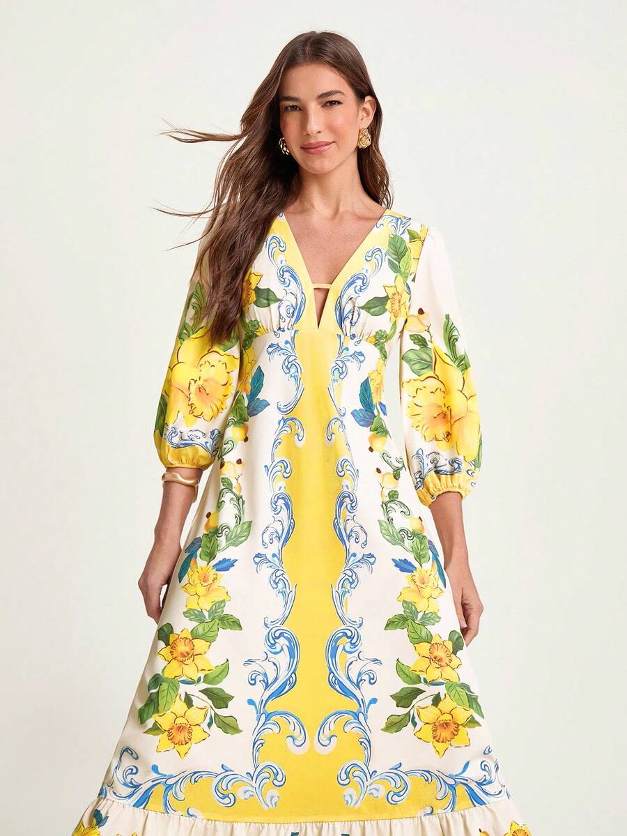 CAJUNI Đầm tay phồng cổ chữ V sâu in hoa thời trang cho nữ, thích hợp cho kỳ nghỉ - Nhiều màu - Xem 1