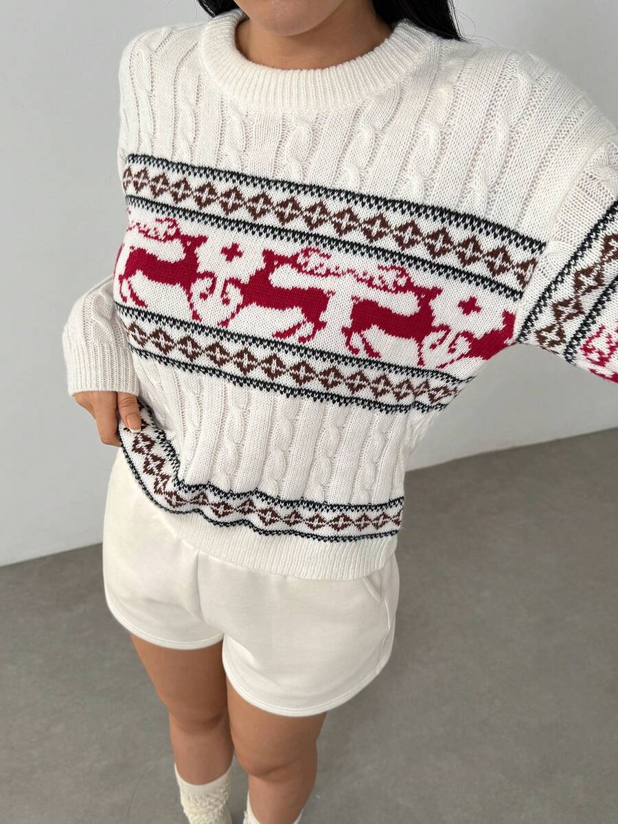 Flirla Women's Casual Reindeer Pattern Round Neck Drop Shoulder Long Sleeve Sweater, Autumn/Winter, Christmas