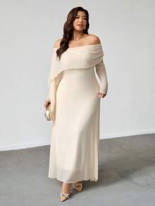 Firerie Plus Size Women Elegant Casual Vacation Date Party Afternoon Tea Graceful Fashionable Ruched Off Shoulder Cape Asymmetrical Hem Sheer Elastic Long Sleeve Dress Summer Spring - Apricot - View 1