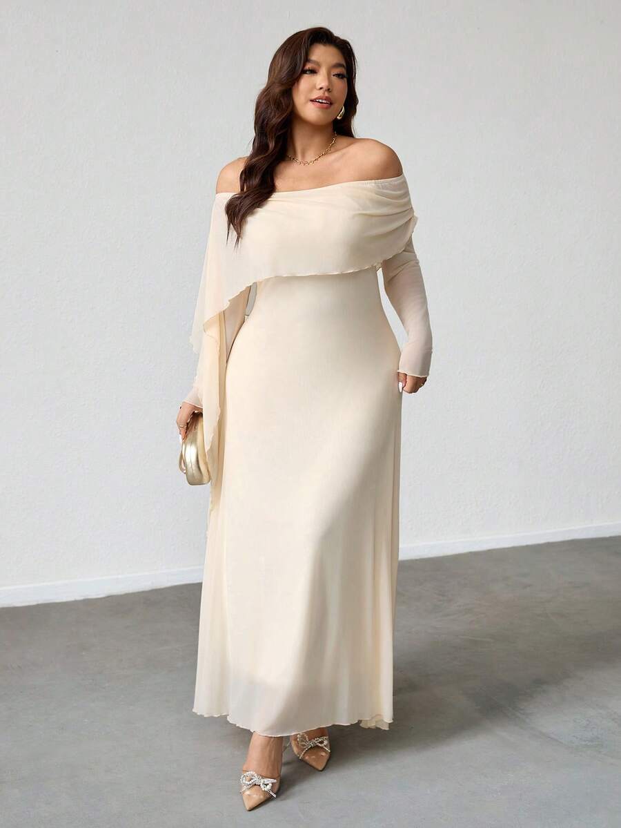 Firerie Plus Size Women Elegant Casual Vacation Date Party Afternoon Tea Graceful Fashionable Ruched Off Shoulder Cape Asymmetrical Hem Sheer Elastic Long Sleeve Dress Summer Spring - Apricot - View 1