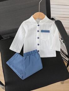 SHEIN Vintaside Kids Bộ 2 món bé trai áo sơ mi cổ bẻ có cúc và túi, quần short lưng thun, sọc xanh trắng, phong cách retro thoải mái, casual cho mùa thu, sinh nhật - Màu xanh lam - Xem 3