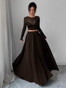 SHEIN Unity 2 件女式网眼拼布 T 恤和长裙套装，极简性感装扮，适合度假、情人节、音乐节、返校、日常穿着、春夏季，长袖 - 咖啡棕 - 查看 7