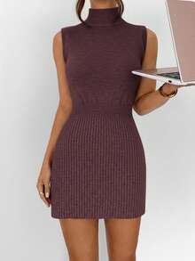 Siren Gaze 秋季女装 - 高领无袖修身纯色罗纹针织背心裙 | 2025 新款秋季连衣裙，适合商务休闲和复古风格 | 非常适合通勤、教师、外出、秋季婚礼宾客和返校节 | 秋季必备时尚单品，设计百搭 - 酒紅色 - 查看 2