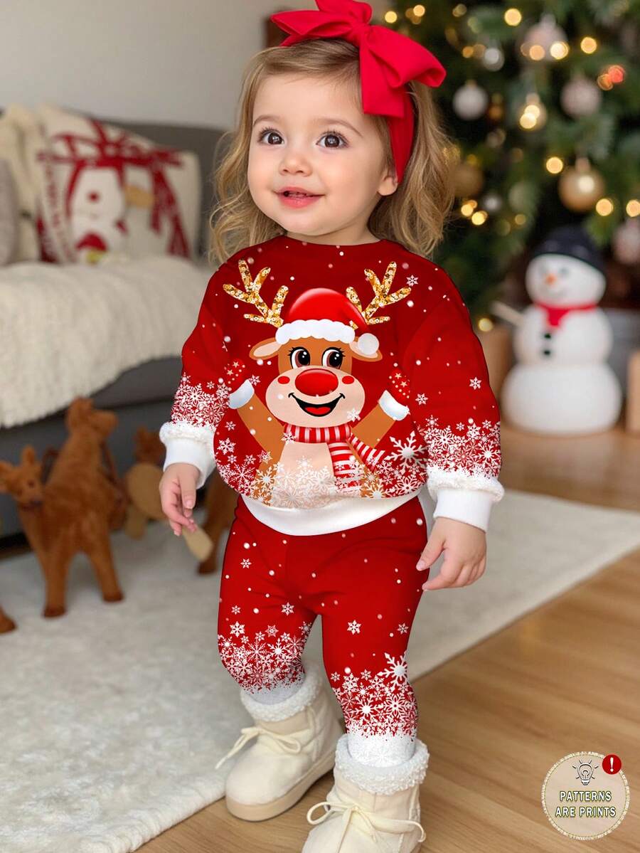 SHEIN 女婴可爱搞笑卡通圣诞驯鹿扎染雪花圣诞红喜庆休闲柔软厚圆领长袖运动衫和紧身裤套装，适合秋冬季 - 彩色 - 查看 1
