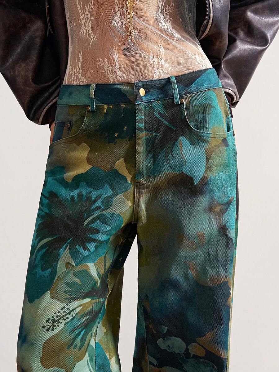 Bohemela 女式休闲梭织阔腿裤，带全印花和口袋 - 黑色 - 查看 1