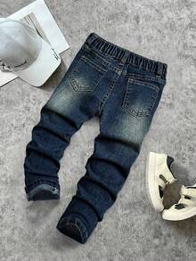 SHEIN Young Boy Distressed Vintage Casual Basic Blue Denim Stretch Skinny Jeans Fall Winter,For Kids Fall/Winter Daily Wear,Boys Streetwear,Boys Halloween,Christmas ,Boys New Year,Thanksgiving For Boys,Winter ,Toddler Jeans,Boys Denim Pants,Kids Denim Pants,Rockstar Kids,Boys Jeans Set - Dark Wash - View 2