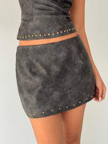 Aloruh Hippie Boho Y2K Ultra Low Waist Mini Lace-Up PU Skirt Vintage - Brown - View 2