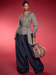 Normani جاكيت بدلة خصر مزينة بمعدن بني رمادي من قماش الكتان المقلد/ملابس نسائية للخريف/إطلالات نسائية للخريف/إطلالات للعودة إلى المدرسة/حفل العودة/ملابس كاجوال للعمل/أسلوب المال القديم للنساء/إطلالات مكتبية للنساء/إطلالات للخروج، ملابس خريفية للنساء