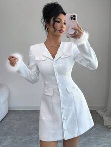 Elenzga Button Decor Long Sleeve Fuzzy Elegant Commuter Casual Faux Pocket Autumn/Winter Dress For Women