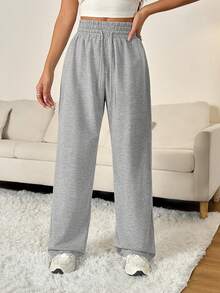 SHEIN PETITE 春季灰色纯色抽绳腰带运动裤毕业、返校服装、毕业、女士教师服装、返校 - 灰色 - 查看 8