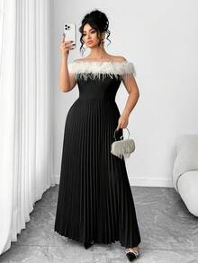 Elenzga 大码女式优雅蓬松拼接露肩高端褶皱连衣裙，适合派对和活动，秋冬季 - 黑色 - 查看 5