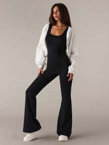 SHEIN BAE 女式黑色运动连体裤，高腰 U 领 U 背设计，适合日常休闲、健身、瑜伽、跑步、春夏季 - 黑色 - 查看 2