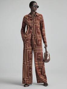 Ontre Conjunto de pijama de dos piezas con top de manga larga y pantalones, estilo bohemio, adecuado para el transporte urbano, casual de negocios, atuendo de oficina, atuendo de maestro, elegante atuendo de vacaciones, otoño/invierno