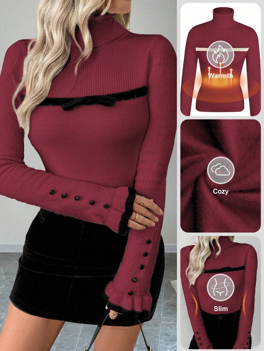 SHEIN LUNE Women's Turtleneck Ruffle Button Design Long Sleeve Knit Pullover Sweater With Bow, Tight Fit Thermal Lining - Red - View 1