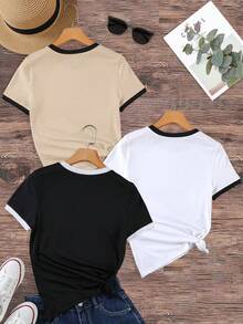 EMERY ROSE Camiseta de mujer de manga corta, cuello redondo y bloque de color, casual de verano - Multicolor - Ver 2