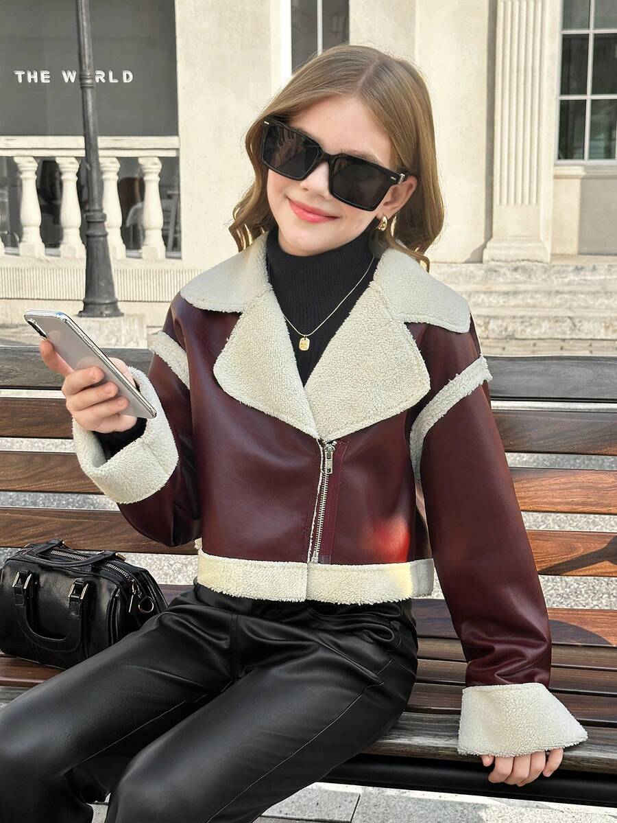 SHEIN 青少年女孩纯色翻领短款保暖长袖夹克 - 酒紅色 - 查看 1