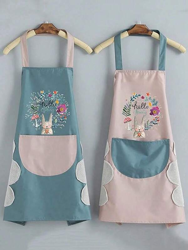 1pc Wreath Bunny Design Kitchen Apron, Waterproof & Oil Resistant Couple Work/Cooking Apron, Adjustable Neck With 1 Towel Pocket, Suitable For Mother's Day/Father's Day Gift, Unisex