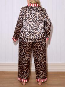 Chillnights Set Piyama Satin Ukuran Besar Motif Leopard dengan Atasan dan Celana Bergaris Kontras, Pakaian Musim Dingin - MultiWarna - View 2