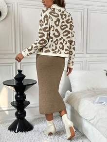 SHEIN Clasi 2pcs Leopard Print Fitted Elegant Knit Sweater Set - Mocha Brown - View 2