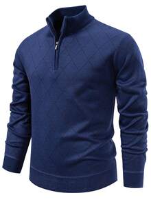 Manfinity Mode 男士轻薄半拉链针织长袖套头衫，皇家蓝，冬季款 - 藏蓝色 - 查看 5