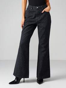 MISSGUIDED Pantalones vaqueros de pierna ancha con estampado de leopardo y campana, pantalones de mezclilla con estampado animal, pieza de moda de declaración - Negro - Ver 1