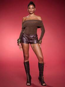 Normani Bodyduit de cuello alto acanalado con hombros descubiertos de manga larga para otoño/invierno para mujeres - Marrón - Ver 3