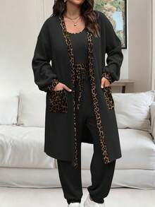 Vionelle 大码女式法式休闲优雅豹纹拼布两件套，秋冬 - 黑色 - 查看 9