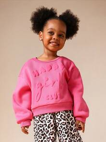 SUMWON Girls Boxy Pink Sweatshirt With Raised Text Design Pullover And Leopard Print Sweatpants Crew Neck Long Sleeve Top Vacation - Multicolor - View 3