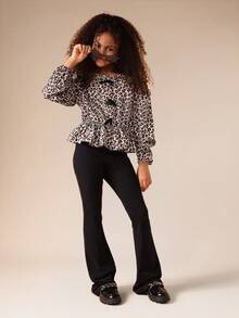 SUMWON Tween Girls Leopard Print Peplum Long Sleeve Blouse With Cinched Waist And Flounce Hem - Brown - View 6