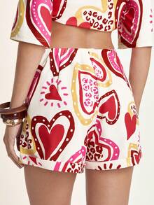 CAJUNI Women's Colorful Heart Print, Bohemian Style Apricot Mini Shorts, Casual Holiday Beach Shorts For Summer