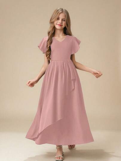 Tween Girl V-Neck Short Puff Sleeve Waist Tie Dress, Elegant, Suitable For Wedding, Flower Girl, Bridesmaid