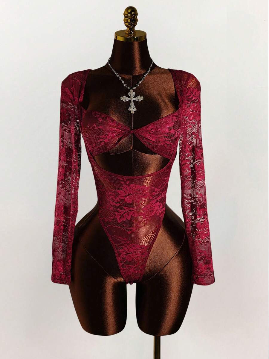 Y2K Amplova Romantic Christmas New Year Thanksgiving Party Red Lace Hollowed-Out Tight Long Sleeves Semi-Transparent Sexy Baroque Style Women's Lace Sexy Semi-Sheer Bodysuit - Burgundy - View 1