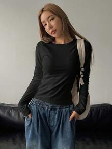 DAZY Women's Solid Color Casual Long Sleeve T-Shirt,Fall Clothes - Black - View 7