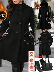 Ellevyn 大码女式纯色双排扣口袋褶皱连帽大衣，秋冬 - 黑色 - 查看 12