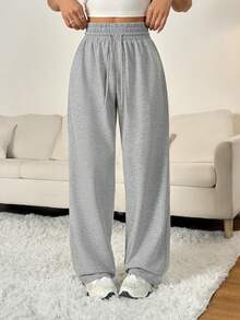 SHEIN PETITE 春季灰色纯色抽绳腰带运动裤毕业、返校服装、毕业、女士教师服装、返校 - 灰色 - 查看 6