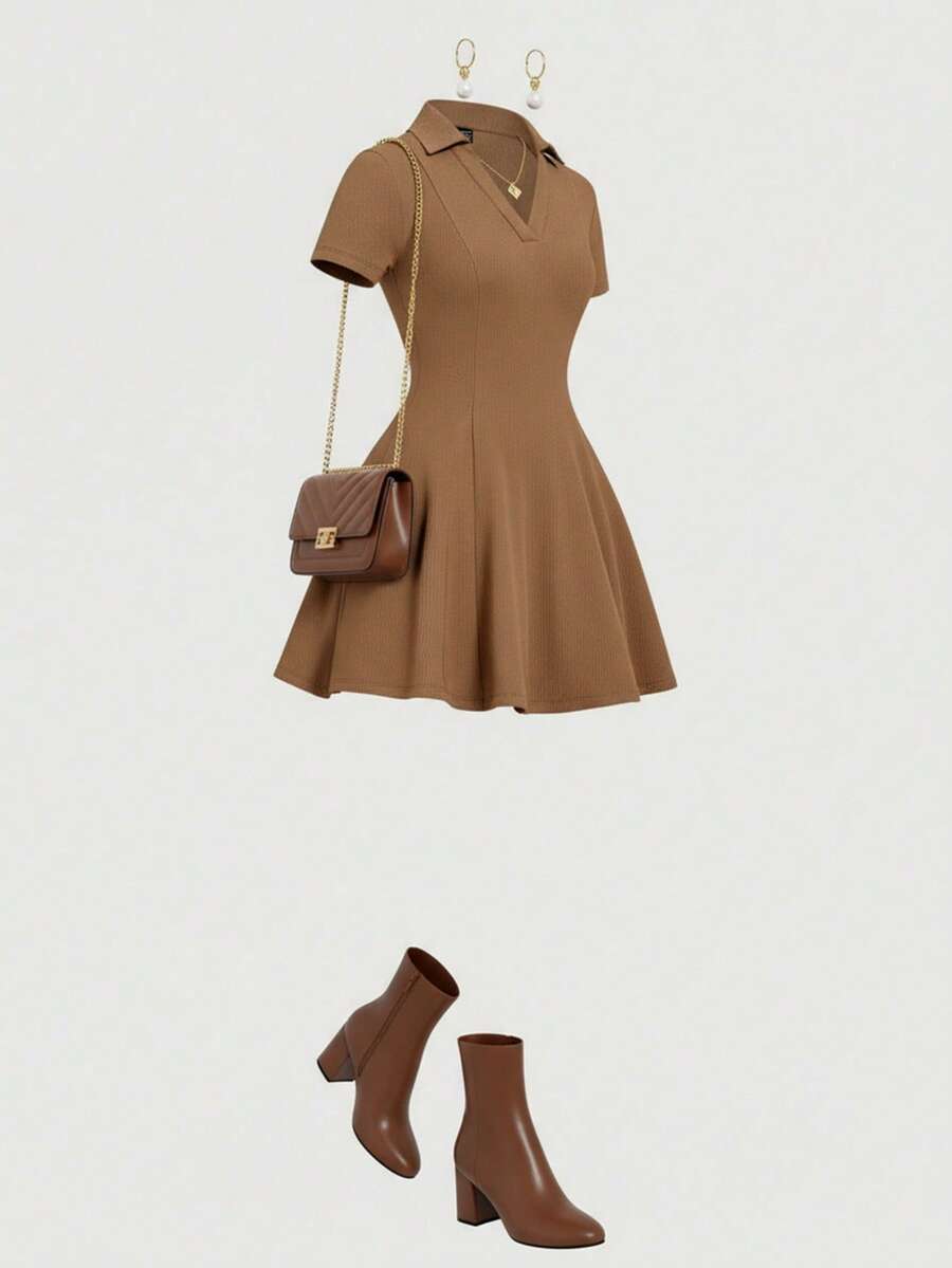 SHEIN MOD 加大码复古卡其色荷叶边领针织迷你连衣裙 - 学院风、70 年代风格、休闲、舒适、通勤、复古美学，非常适合学校服装、教学服装和办公室穿着 - 卡其色 - 查看 1